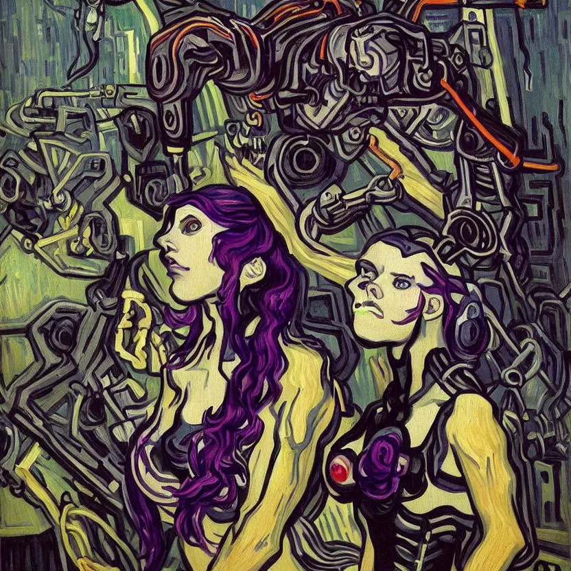 Image similar to A beautiful painting of a cyberpunk girl with purple hair and an a huge robot arm sensual stare, augmentations and cybernetic enhancements neon circuits, Painted by Vincent Van Gogh ❤️‍🔥 🔥 💀 🤖 🚀