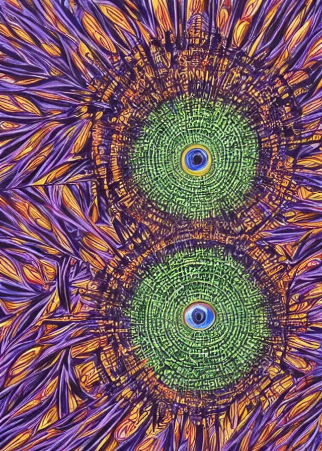 Image similar to all seeing eye painted by alex grey