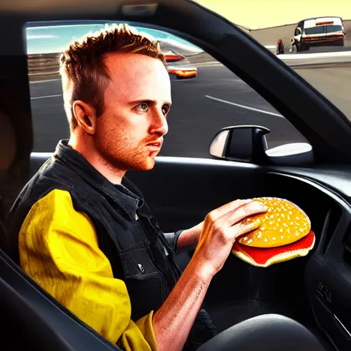 Image similar to Hyperrealistic ultradetailed digital art of Jesse Pinkman driving a car made out of a hamburger on a busy highway in Los Angeles, realistic, detailed lighting, cinematic, trending on artstation and 500px and behance