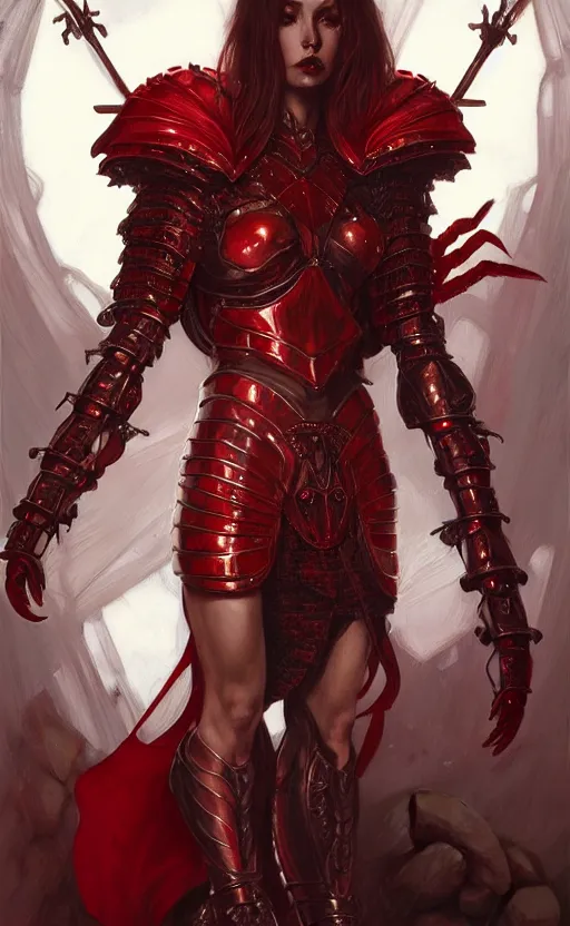 Prompt: Gothic crustacean muscular masculine-featured warrior queen in red and white chitin armor, fantasy, highly detailed, digital painting, artstation, concept art, smooth, sharp focus, illustration, art by artgerm and greg rutkowski and alphonse mucha