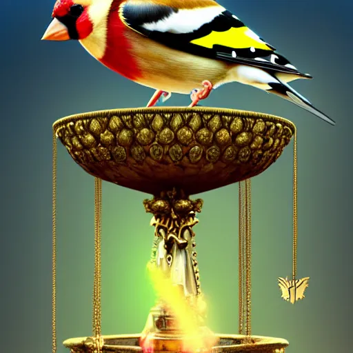 Prompt: goldfinch with a message inside is decorated with jewels and hangs from the neck of a valkyrie with armor, in the background you can see the fountain of a park. digital art, fantasy art, photo realistic, dynamic lighting, artstation, poster, volumetric lighting, hyperrealistic, 4 k, award winning