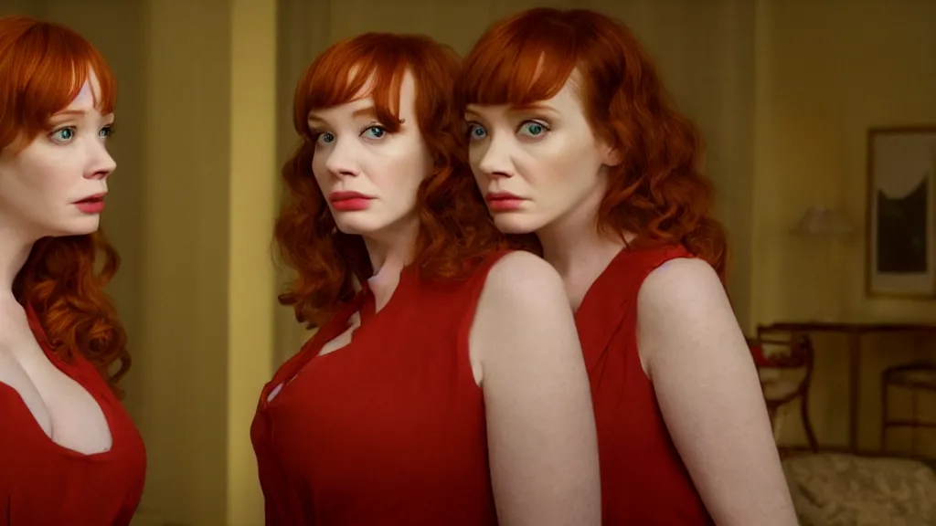 Prompt: a very surprised beautiful Christina Hendricks and her twin sister in the living room, film still from the movie directed by Denis Villeneuve with art direction by Salvador Dalí, wide lens