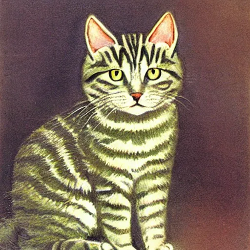 Prompt: gray tabby cat, green eyes, painted by Louis wain