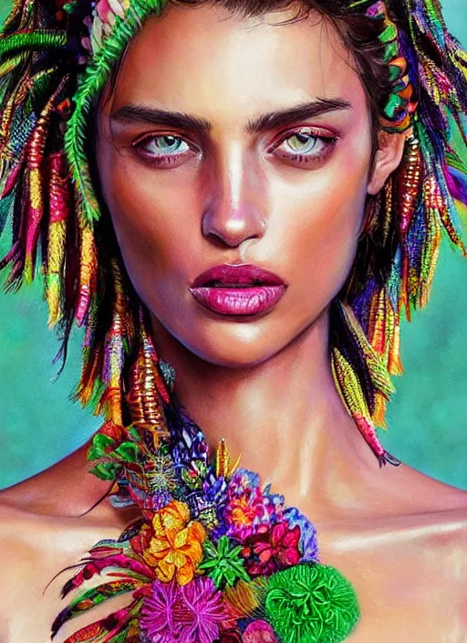 Prompt: beautiful portrait of Irina Shayk wearing fantastic Hand-dyed cotton dress,embellished beaded feather decorative fringe knots ,colorful pigtail,subtropical flowers and plants,dramatic,symmetrical face,intricate,elegant,highly detailed,8k,post-processing,digital painting,trending on pinterest, GUCCI,PRADA,concept art, sharp focus, illustration, by artgerm,Tom Bagshaw,Lawrence Alma-Tadema,greg rutkowski,alphonse Mucha