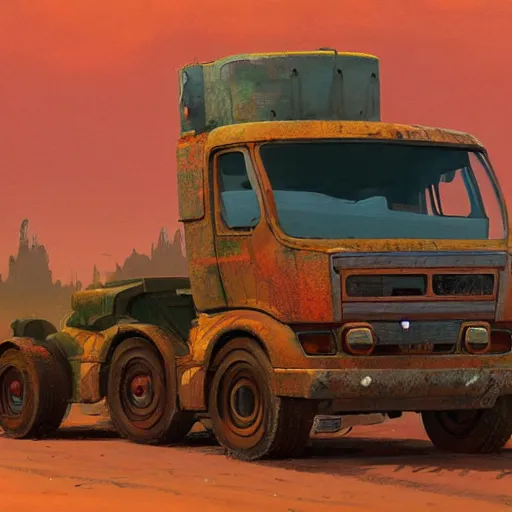 Prompt: concept art of a rusty sci - fi truck, by simon stalenhag