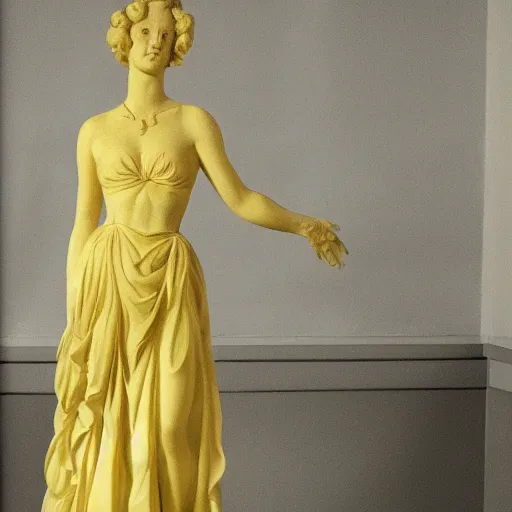 Prompt: a woman in a yellow dress is posing for a picture, a marble sculpture by nicholas hilliard, reddit contest winner, american barbizon school, elegant, studio portrait, full body