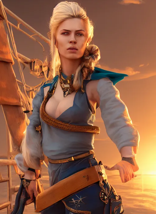 Image similar to An epic fantasy comic book style portrait painting of tall blonde haired female sky-pirate with a serious face and a pony tail in front of a metal gangplank, unreal 5, DAZ, hyperrealistic, octane render, cosplay, RPG portrait, dynamic lighting