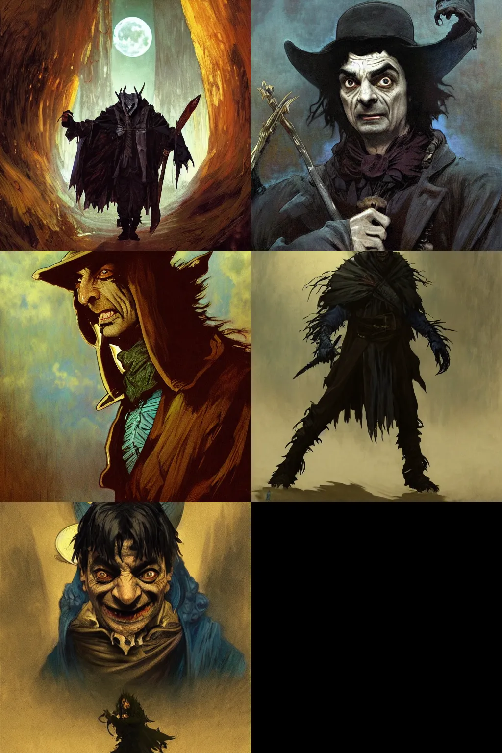 Prompt: Mr. Bean, as a Solomon Kane, a badass monster hunter, full moon, blue tones, dramatic, high contrast, dark fantasy, photorealistic, detailed, character concept art by Goya, Alphonse Mucha, Greg Rutkowski and J.Dickenson