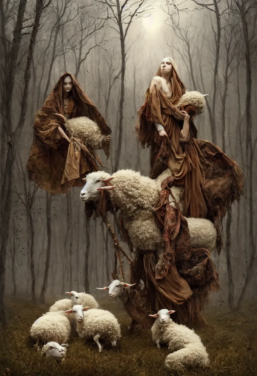 Image similar to spooky slavic pagan ritual with figure in sheep skin chasing away the winter. extremely high fidelity, 8 k, super resolution, cinematic view, super resolution, epic, hyperdetailed, digital painting, artstation, concept art, smooth, sharp focus, octane render, dramatic lighting, art by artgerm and greg rutkowski and alphonse mucha and wlop