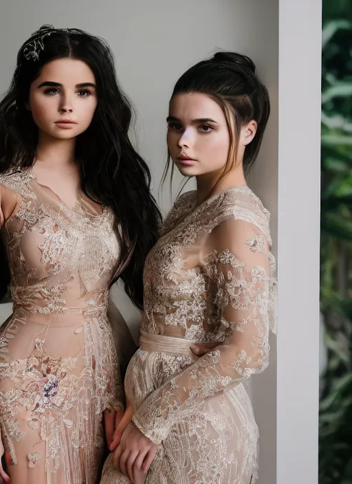 Prompt: portrait of demi rose and charlie grace moretz wearing kebaya in jakarta, by charlotte grimm, natural light, detailed face, beautiful features, symmetrical, canon eos c 3 0 0, ƒ 1. 8, 3 5 mm, 8 k, medium - format print, half body shot