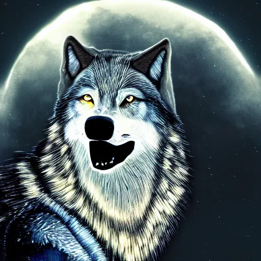 Image similar to close up portrait of a howling wolf in front of the full big moon, fantasy digital art, high definition, 8k, high details, high quality, golden and silver colors, glowing lights in the background