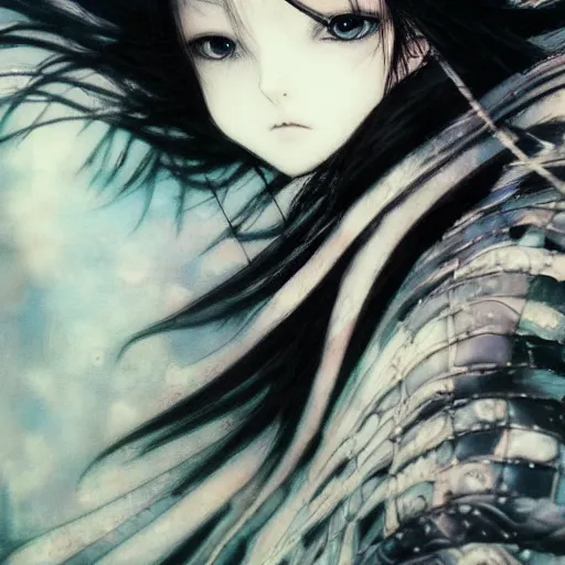 Image similar to yoshitaka amano blurred and dreamy illustration of an anime girl with black eyes, wavy white hair and cracks on her face wearing elden ring armour with the cape fluttering in the wind, abstract black and white patterns on the background, noisy film grain effect, highly detailed, renaissance oil painting, weird portrait angle