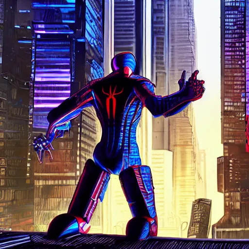 Image similar to cyberpunk spiderman robot ninja illumination ray tracing hdr fanart arstation by sung choi and eric pfeiffer and gabriel garza and casper konefal