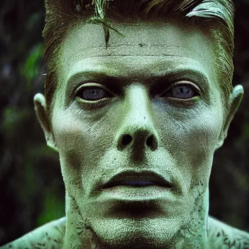 Prompt: Award-winning photograph by Mar Mann. The photo depicts a gigantic decaying roman bust of David Bowie overgrown with moss at the middle of a rainforest. Minimalism, high definition, perfect composition. Very dark. Volumetric Lighting. Darkness. Ruins