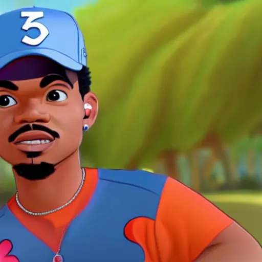 Image similar to a tv still of Chance The Rapper starring in a 2006 Pixar Animated movie