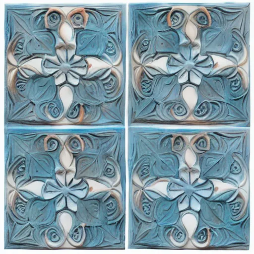 Prompt: intricate colourfully painted _ carved soapstone relief paneling white and pale blue