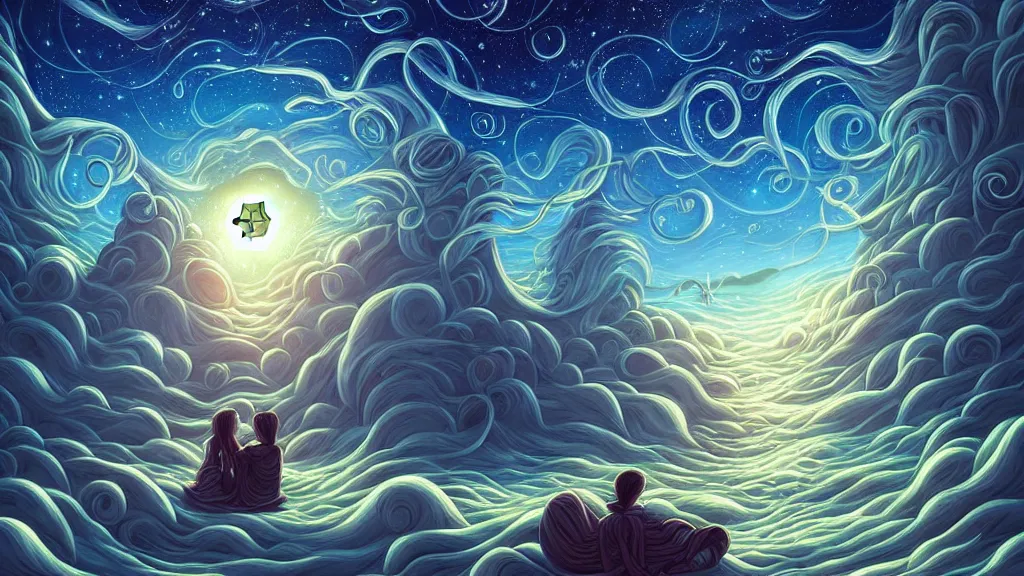 Image similar to in love by cyril rolando and naomi okubo and dan mumford and ricardo bofill. lovecraft. lovecraftian. starry night swirly sky.