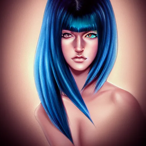 Image similar to photorealistic portrait of beautiful monster girl, black hair, blue eyes, smooth face, glowing skin, detailed face, sharp focus