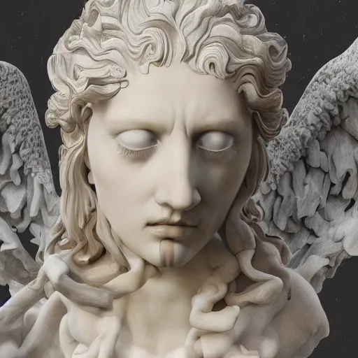Prompt: realistic digital painting of a stunning intricate cracked white marble falling angel with face of piero angela with eyes open bernini sculpture, trailing white vapor, mycelium stands and misty xparticles neutral tone background, trending on artstation, hyperrealism, matte painting, subsurface scattering