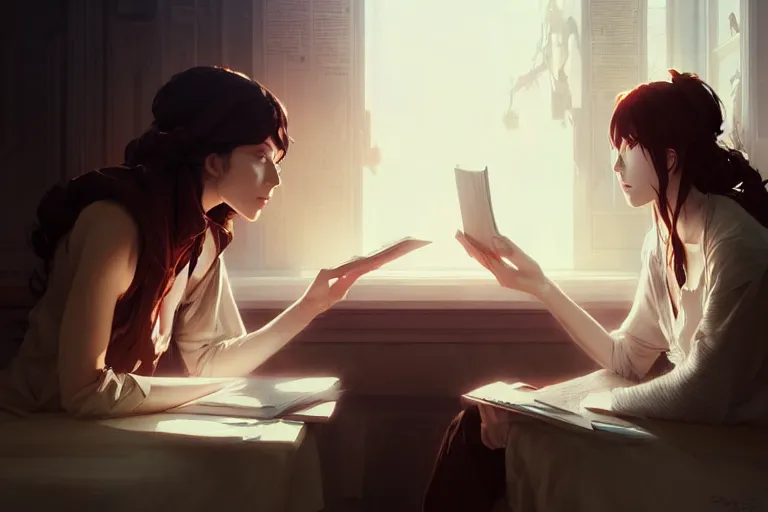 Image similar to portrait of two wise and very beautiful women discussing some texts, art by guweiz and greg rutkowski, intricate, elegant, highly detailed, smooth, sharp focus, artstation