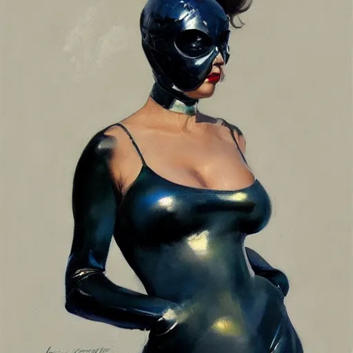 Image similar to greg manchess portrait painting of female wearing a latex suit as addison rae, medium shot, organic painting, sunny day, matte painting, bold shapes, hard edges, street art, trending on artstation, by huang guangjian and gil elvgren and sachin teng