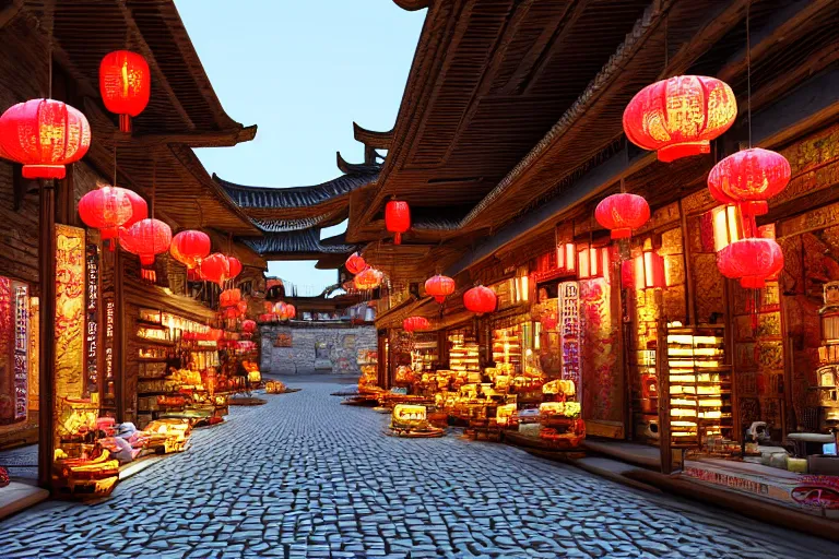 Image similar to Miniature of a rustic chinese street with shops, glowing lamps, 3D render