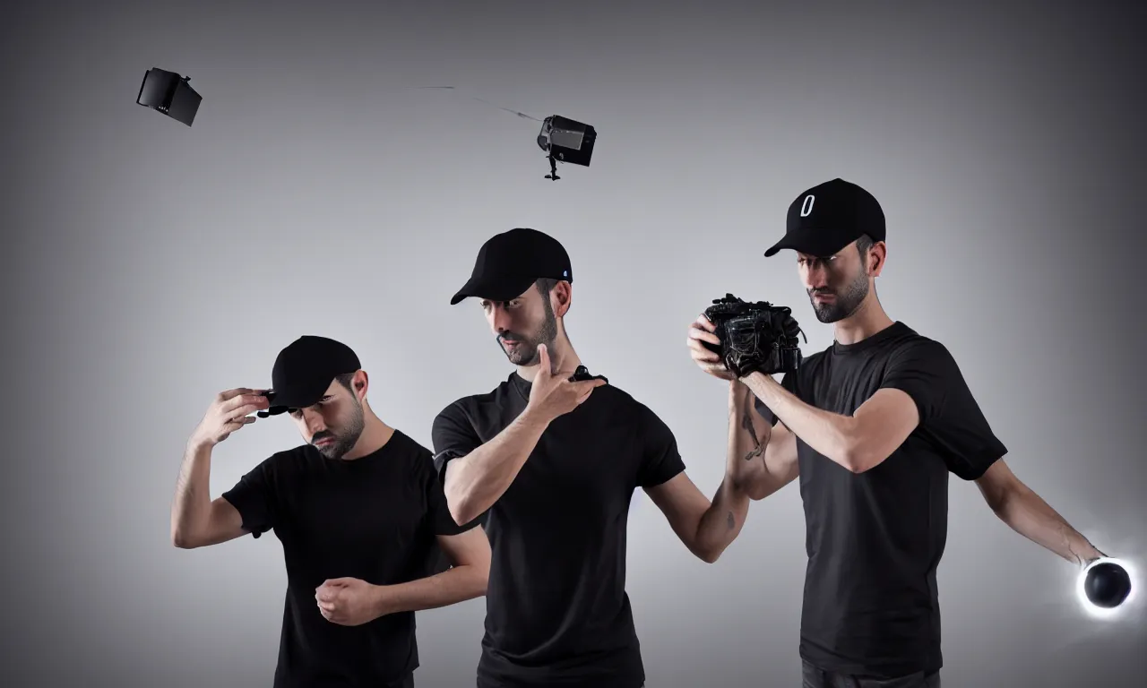 Prompt: handsome italian man wearing black baseball cap and tshirt uses telepathy to control a floating camera. cinematic. studio lighting. intricate details. high quality