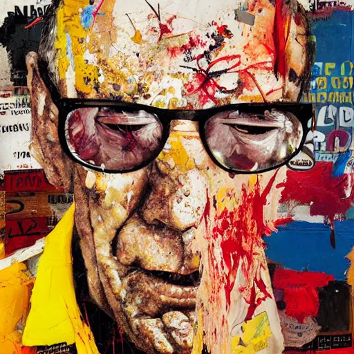 Prompt: hyperrealistic, photorealistic, mixed media oil painting of hunter s. thompson, magazine scraps, plaster, blood, oil, mustard, splatter, greg rutkowski, basquiat, ralph steadman,