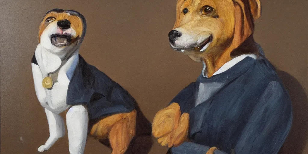 Image similar to Pedro Sánchez as anthropomorphic dog, oil painting