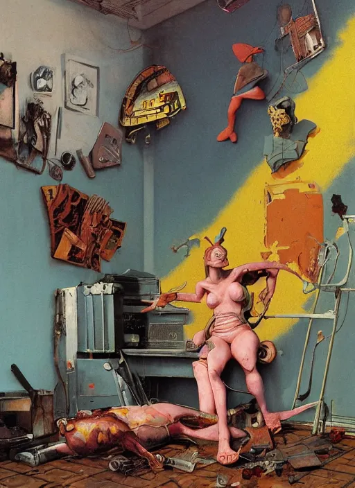 Prompt: realistic detailed image of Fallout in the style of Francis Bacon, Surreal, Norman Rockwell and James Jean, Greg Hildebrandt, and Mark Brooks, triadic color scheme, By Greg Rutkowski, in the style of Francis Bacon and Syd Mead and Edward Hopper and Norman Rockwell and Beksinski, open ceiling, highly detailed, painted by Francis Bacon, painted by James Gilleard, surrealism, airbrush, Ilya Kuvshinov, WLOP, Stanley Artgerm, very coherent, art by Takato Yamamoto and James Jean