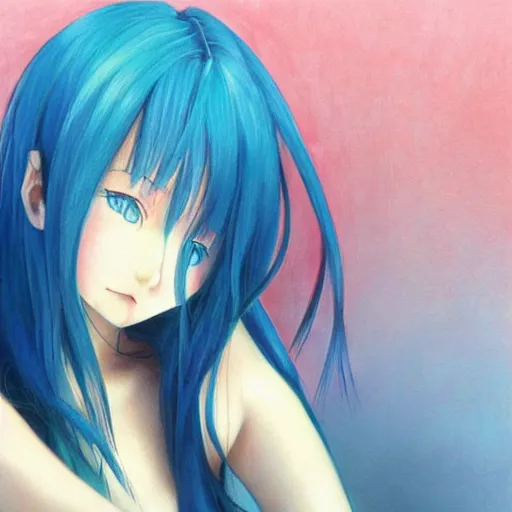 Image similar to Beautiful lonely girl, blue hair, symmetrically, smiling, anime style, pixiv, pinterest anime, full color, colorful, artist Steve Hanks, artist Alyssa Monks, endless summer art, artist WLOP artstation, artist Mam BA artstation, artist Arata Yokoyama, real photo, very detailed, realistic proportions, knowledge of anatomy, anatomy for beginners, true proportions, artstation trends, octane render, ray tracing, volumetric light