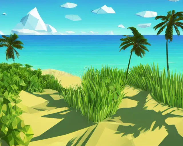 Prompt: low poly vector illustration, wide angle shot of a tropical beach, green dunes, calm shore, noon, cinematography by jim jarmusch