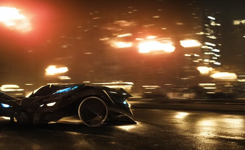 Image similar to A film still of the 2025 Batmobile driving through Gotham at night, 8k