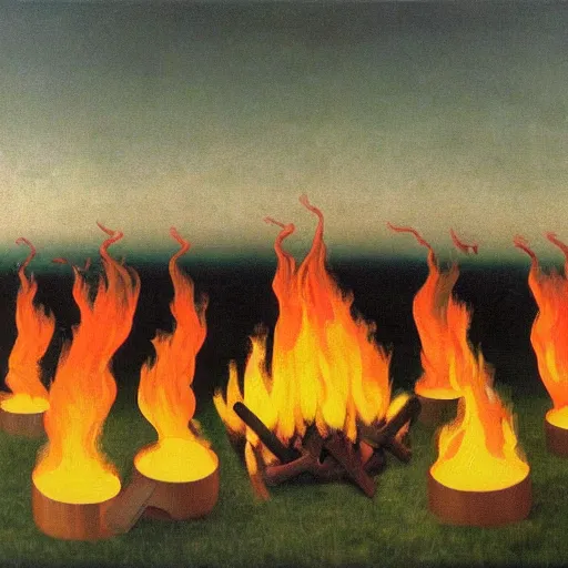 Image similar to insane dances around the campfire, oil painting rene magritte