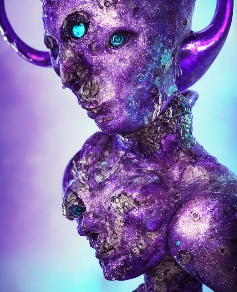 Prompt: beautiful blue alien female, ram horns, glitter, specular reflections, shiny skin, eye tattoo, portrait, synthetic full bodysuit colourful fish scale armour, intricate details, farscape, cinematic, octane render, subsurface scattering, bloom, shadows, purple glowy background, volumetric lighting