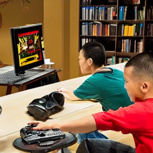 Image similar to a honey badger, creeper, and Shaolin monk playing video games together