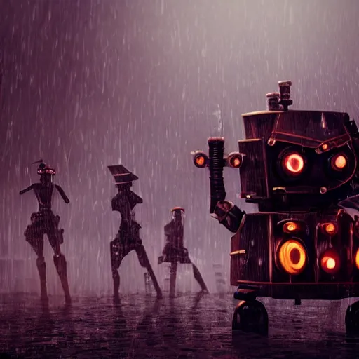 Prompt: steampunk robot warriors battling each other in heavy rain, ground fog, @, moody lighting, 8 k, lightning, shallow depth of field, cinematic lighting,