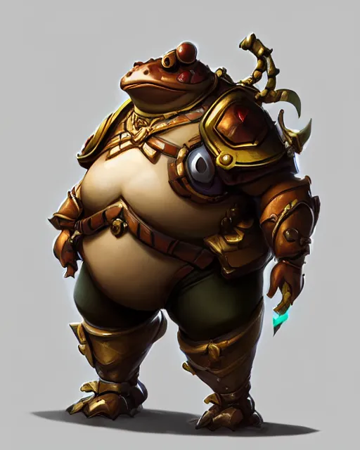 Image similar to a fat short anthropomorphic toad wearing regal ornate armor, battle stand, smooth, intricate, elegant, power aura, digital painting, artstation, concept art, high tech fantasy, sharp focus, illustration, art by james jean and justin gerard, overwatch character