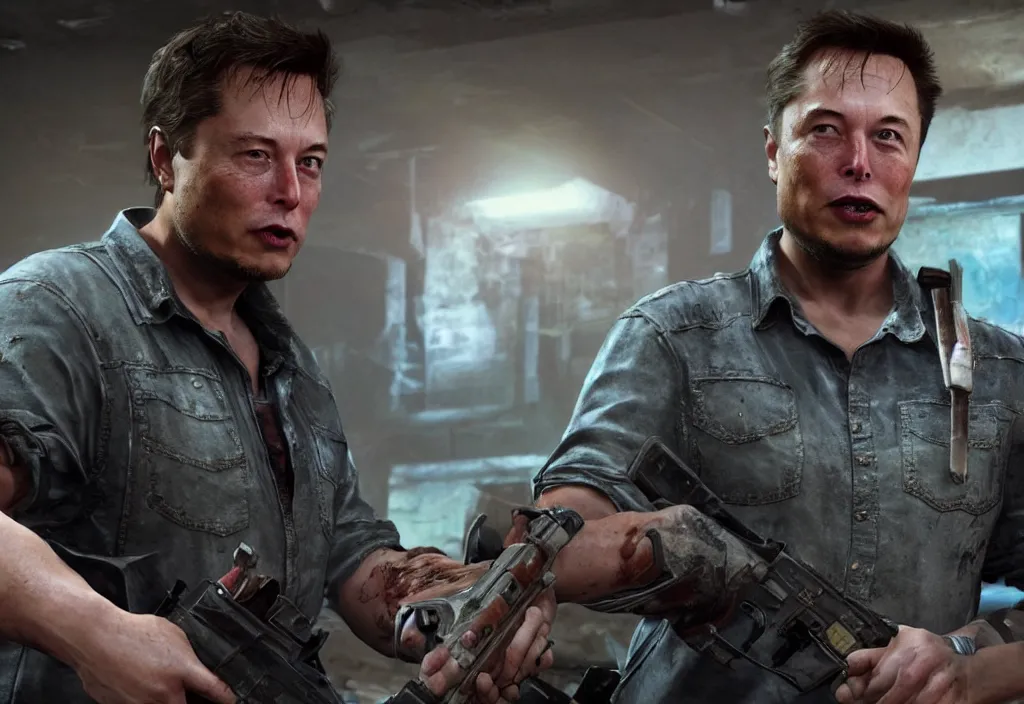 Image similar to elon musk in the video game in the last of us, gameplay screenshot, close up, 3 d rendering. unreal engine. amazing likeness. very detailed.