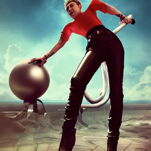 Prompt: harry styles as miley cyrus riding a wrecking ball, high octane render, digital art trending on artstation