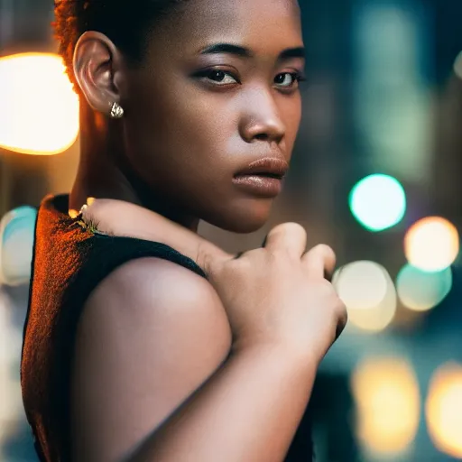 Prompt: portrait face of a beautiful gorgeous black edgy model girl with short hair, she's sad, sunset, street of hong kong, 8 0 mm lens, 1. 2 aperture, grainy image, close up, cinematic light, 8 k, 4 k, very detailed, depressing atmosphere, cover magazine