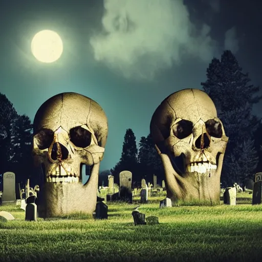 Image similar to giant skull hovering over graveyard, realistic shattered human skull, nighttime award winning photography