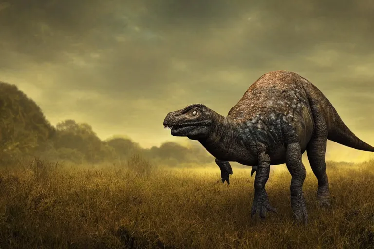 Image similar to Realistic photograph of a tired dinosaur standing in the distance in the style of Dark Naturalism, Jungle Grunge, twilight, glows, detailed, studio quality, hd image,