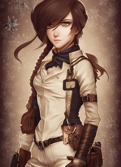 Image similar to girl with steampunk weapons and uniform, serious, intense, finely detailed, made by artgerm, ross tran, full body portrait, illustration, snow, snowing, cloudy, anime, side view, perfect anime face, realistic face, zoomed out, smooth, brown eyes, high waisted shorts