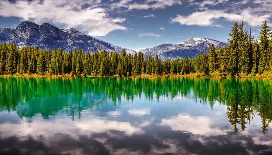 Image similar to a lake surrounded by pine trees with mountains in the background, digital art, highly detailed, realistic, bright colors, 8 k