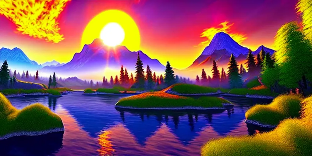 Image similar to a beautiful landscape, sun rises between two mountains, colourful 3 d artwork by bob ross, unreal engine 5, extremely detailed, hyper realism