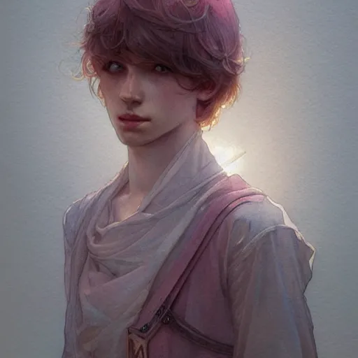 Prompt: young boy, pink hair, light eyes, gorgeous, amazing, delicate, elegant, intricate, highly detailed, watercolor, portrait, artstation, concept art, sharp focus, illustration, art by artherm and greg rutkowski and alphonse mucha