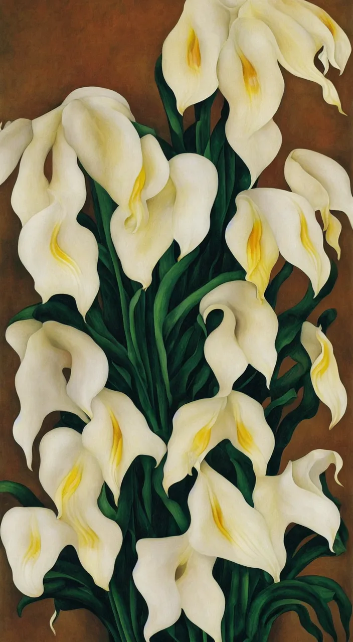 Image similar to portrait of a cream colored havanese dog with calla lillies, mexico, painting by diego rivera realism 1 9 3 5