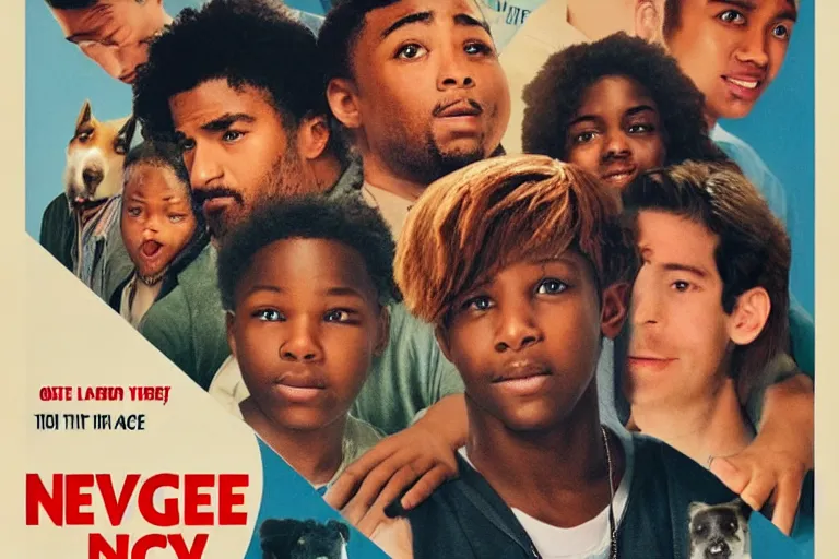 Prompt: a movie poster with dog - eared corners, advertising a movie called nice boys, showing a diverse crowd of young men being nice to strangers