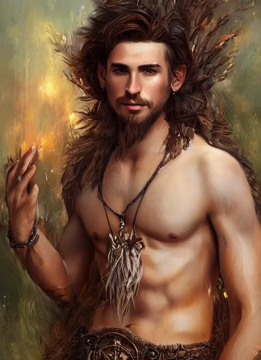 Image similar to a relaxed gorgeous male druid in a sleeveless west, short brown hair, stringy, full body, 8 k, hyperrealistic, hyperdetailed, fantasy portrait by laura sava